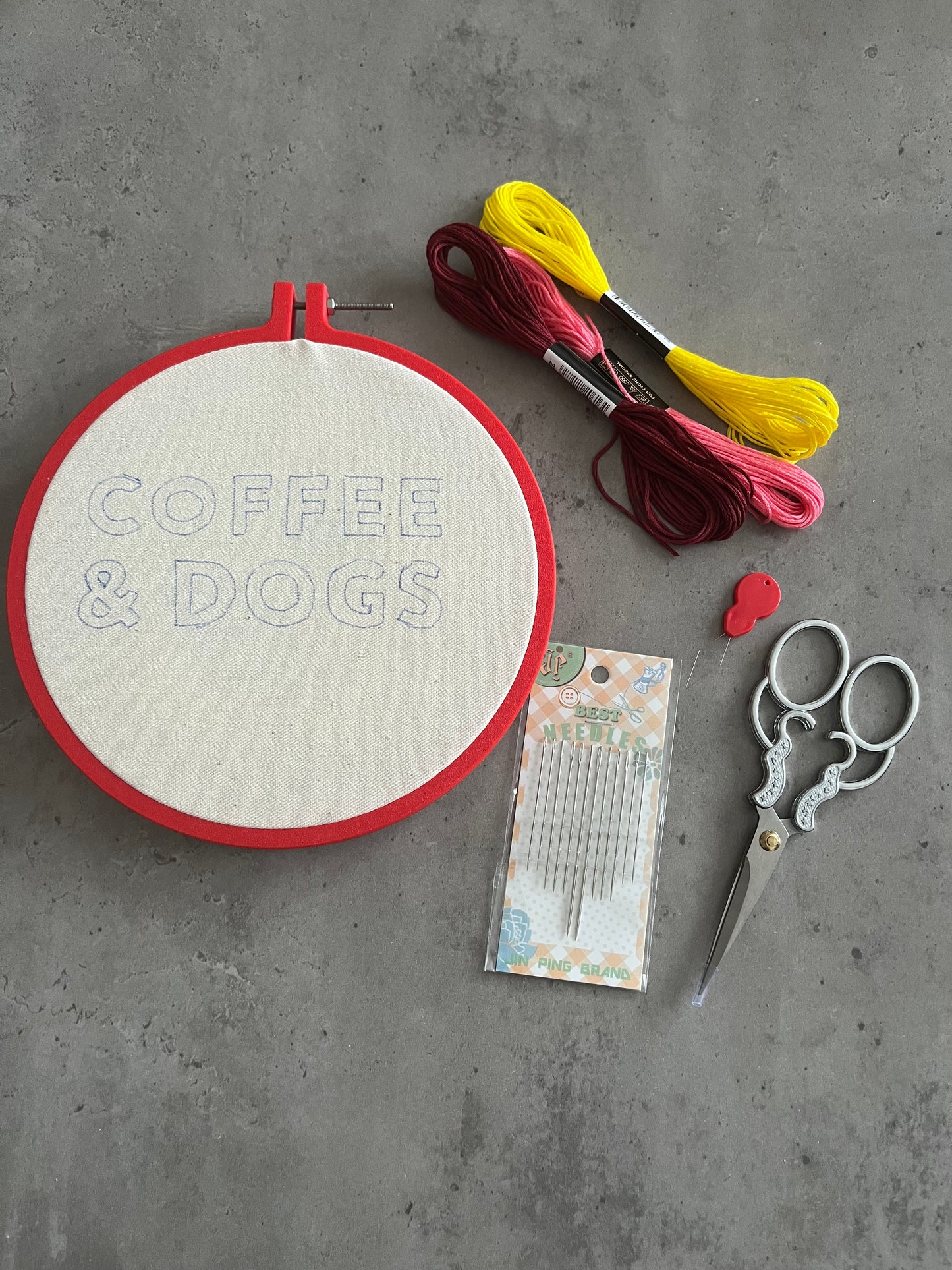 Coffee and dogs embroidery kit
