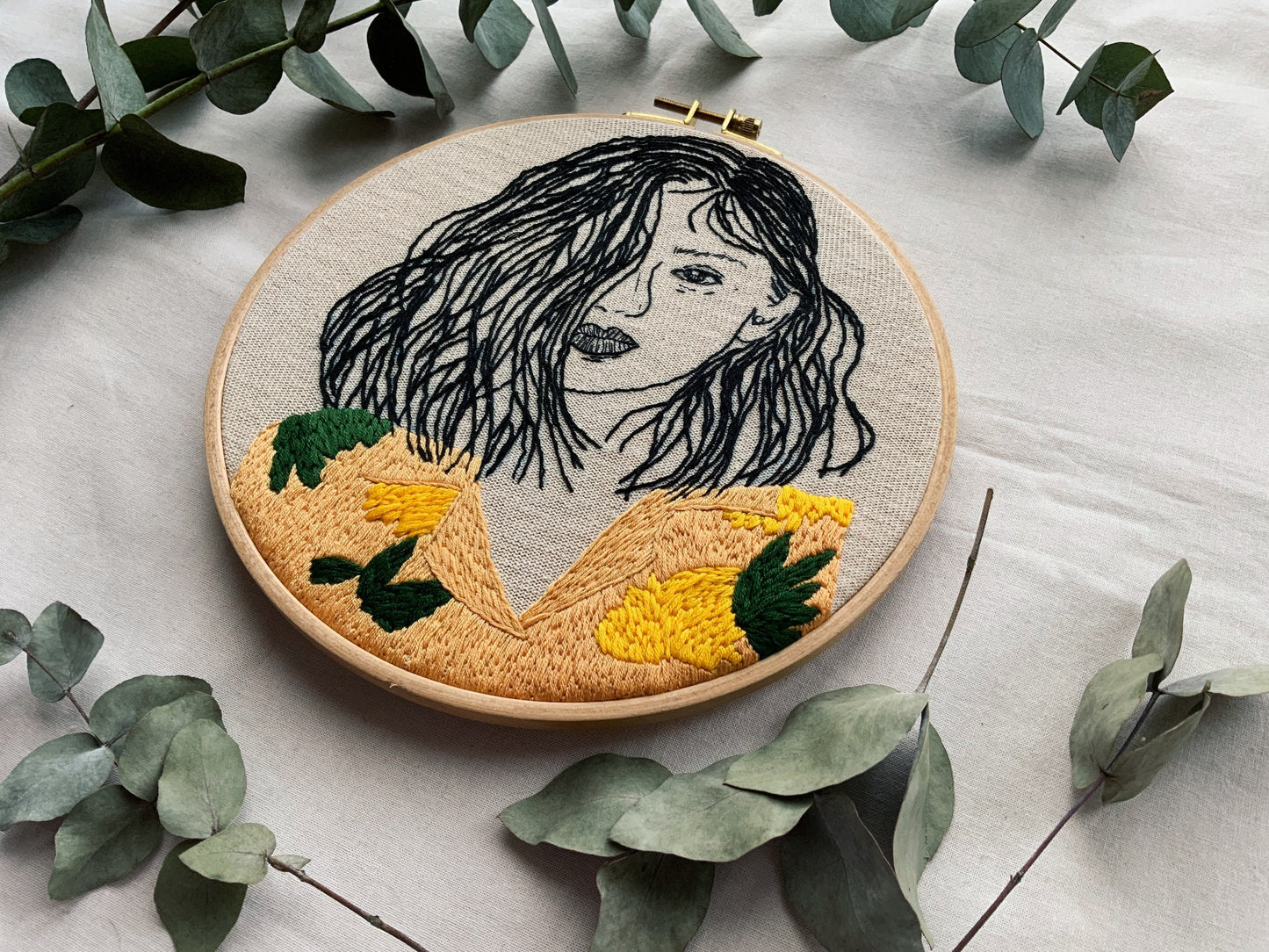 Hand-Embroidered Girl Portrait, Unique Fiber Art, One-of-a-Kind Wall Decor|Hand embroidered portrait