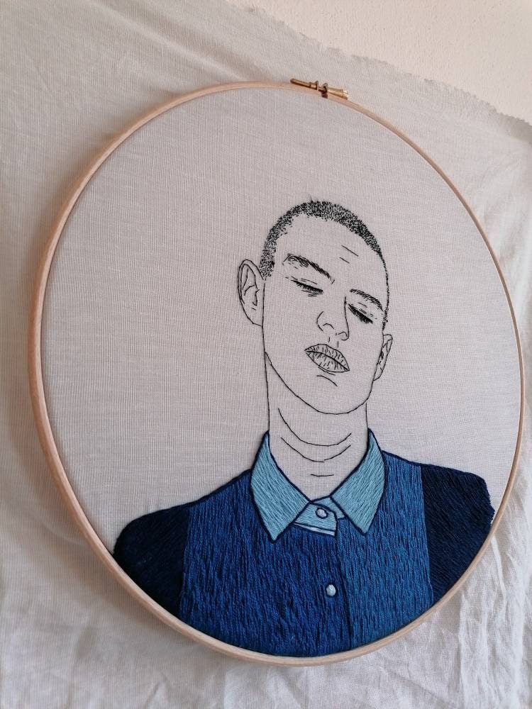 Hand-Embroidered Male Portrait, Unique Fiber Art, One-of-a-Kind Wall Decor|Hand embroidered portrait