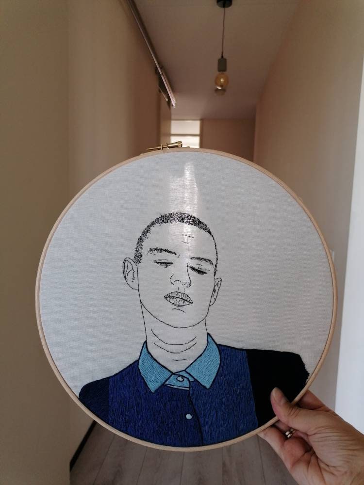 Hand-Embroidered Male Portrait, Unique Fiber Art, One-of-a-Kind Wall Decor|Hand embroidered portrait