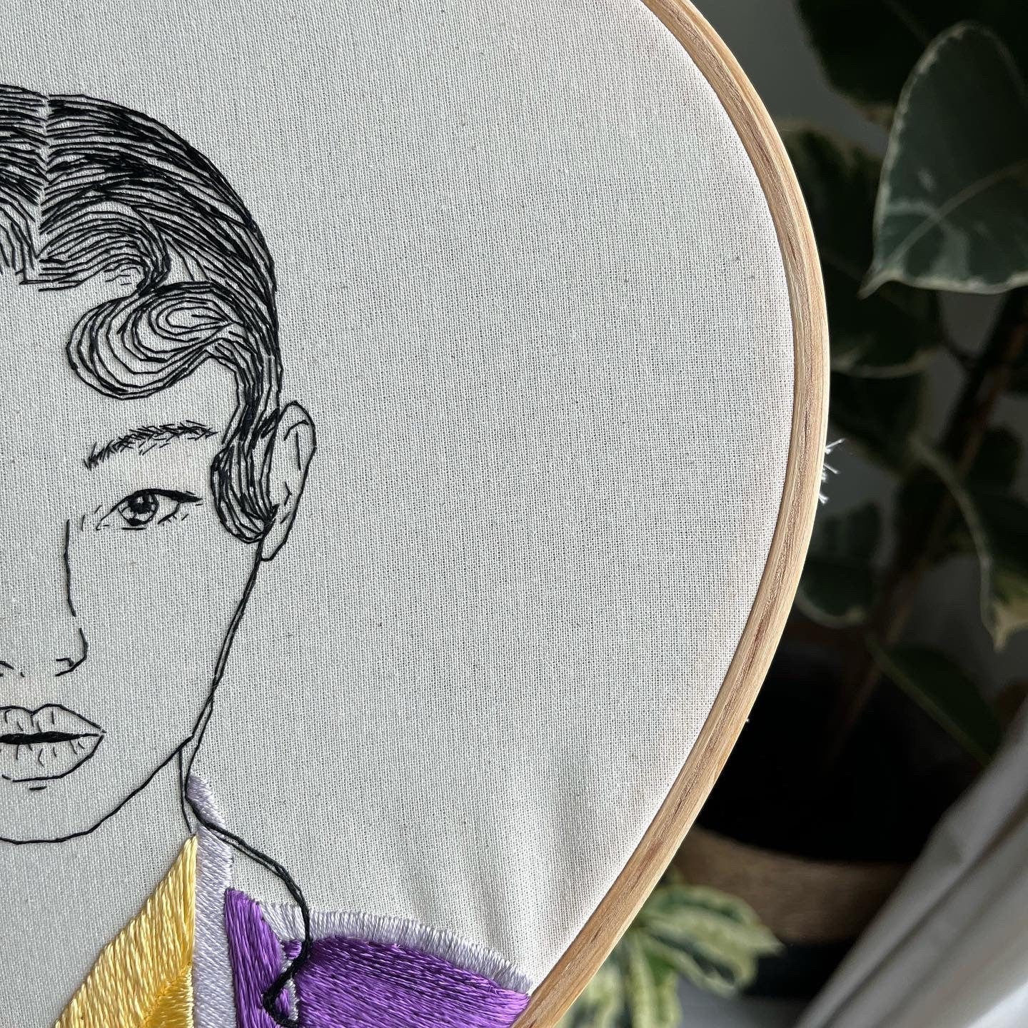 Hand-Embroidered Woman Portrait, Unique Fiber Art, One-of-a-Kind Wall Decor|Hand embroidered portrait