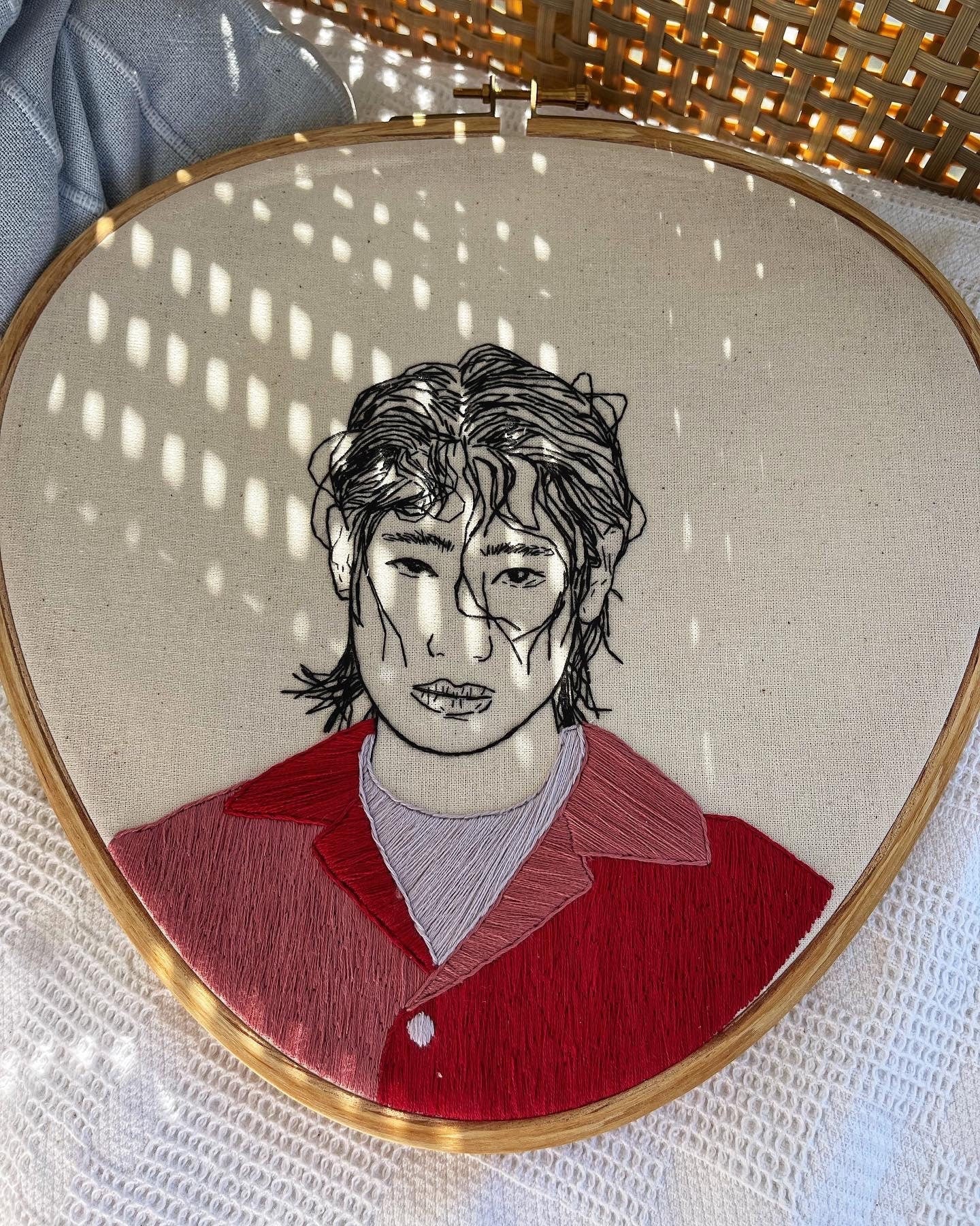 Hand-Embroidered Male Portrait, Unique Fiber Art, One-of-a-Kind Wall Decor|Hand embroidered portrait
