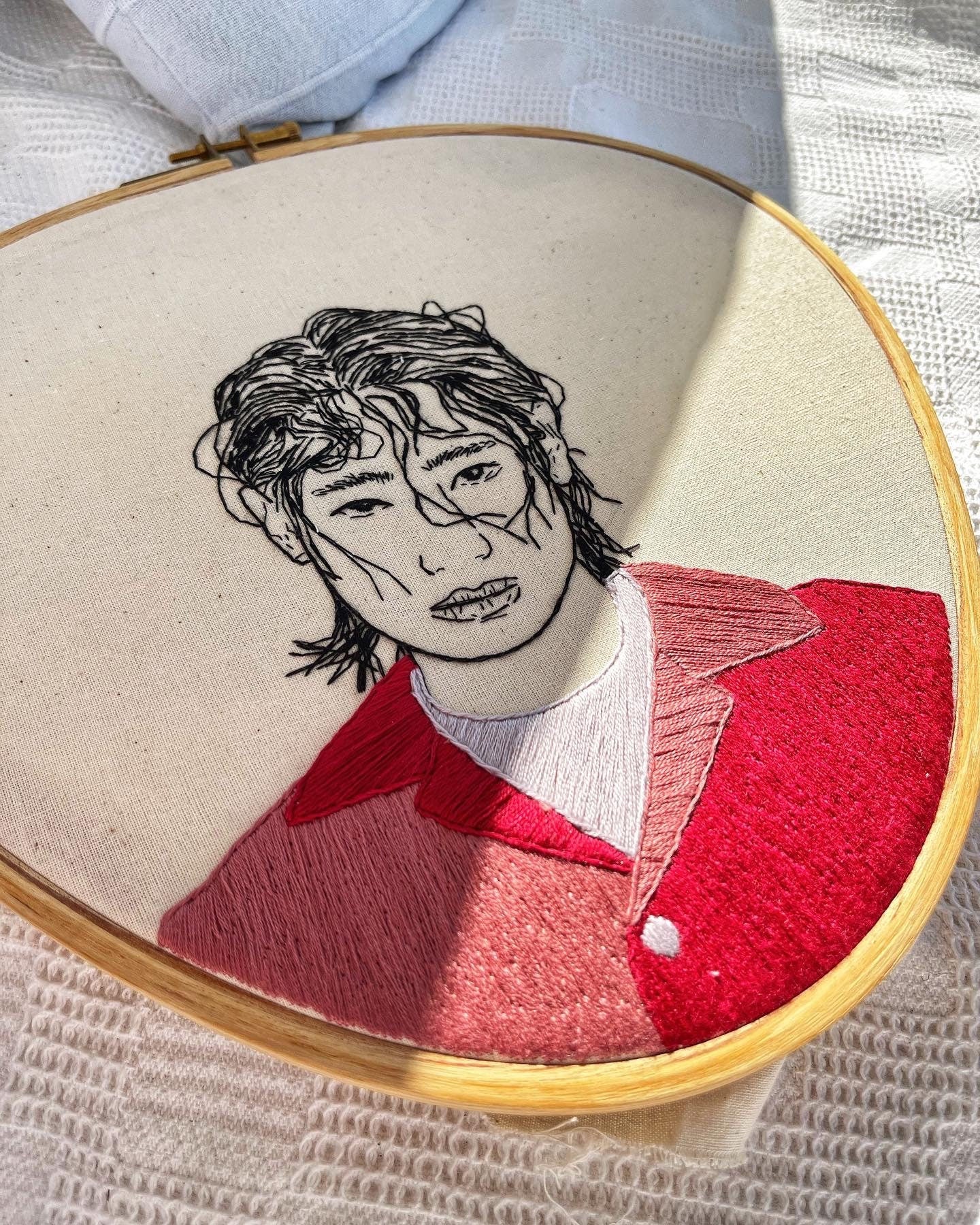 Hand-Embroidered Male Portrait, Unique Fiber Art, One-of-a-Kind Wall Decor|Hand embroidered portrait