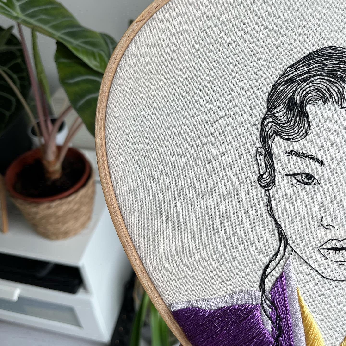 Hand-Embroidered Woman Portrait, Unique Fiber Art, One-of-a-Kind Wall Decor|Hand embroidered portrait