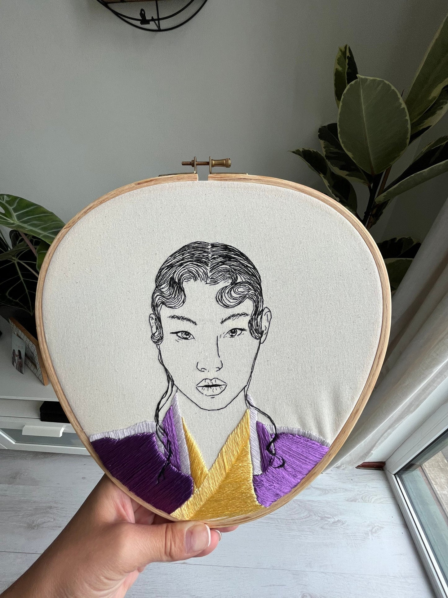 Hand-Embroidered Woman Portrait, Unique Fiber Art, One-of-a-Kind Wall Decor|Hand embroidered portrait