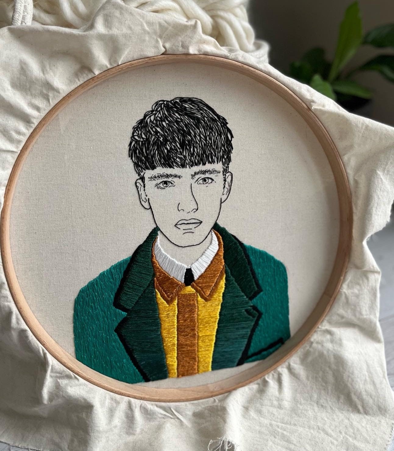 Hand-Embroidered Male Portrait, Unique Fiber Art, One-of-a-Kind Wall Decor|Hand embroidered portrait