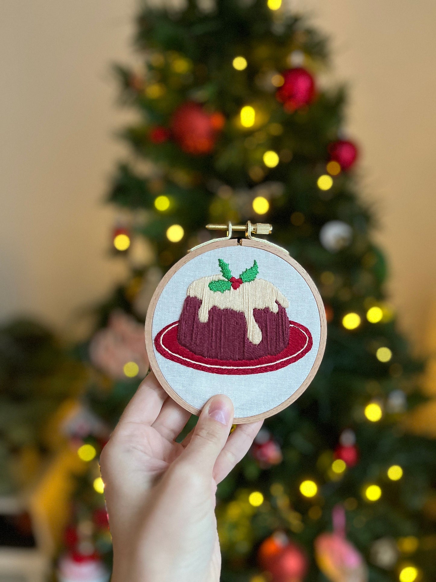 Christmas Pudding Embroidered Hoop |Christmas Hoop Holiday Wall Decor| Hand embroidered Christmas Gift | Hand-Embroidered