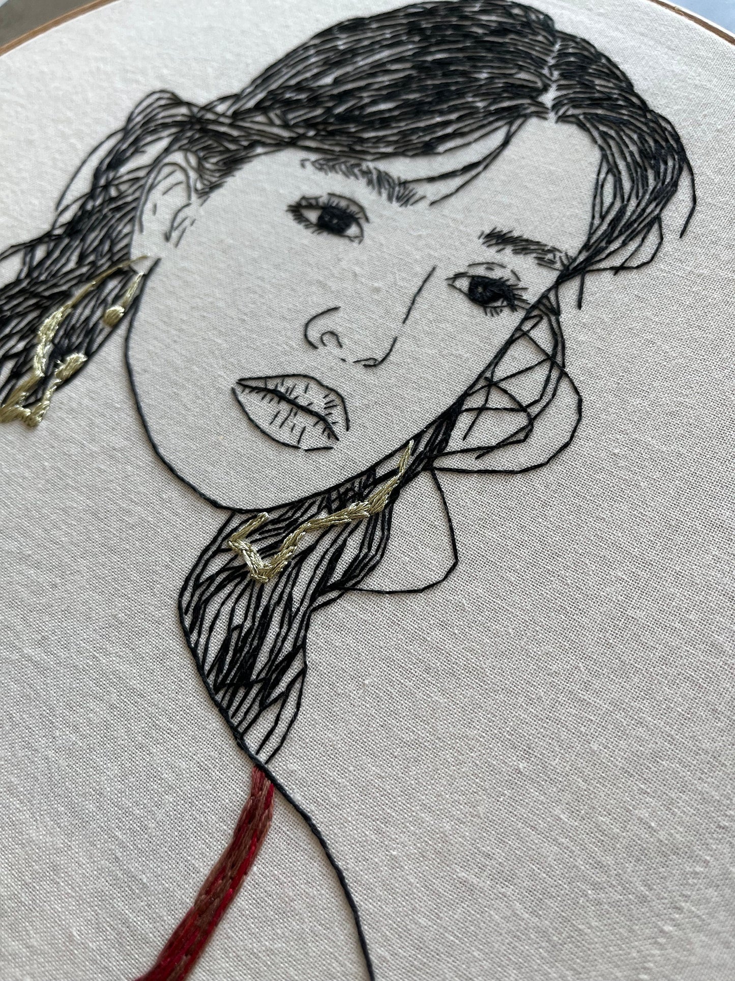 Hand-Embroidered Woman Portrait, Unique Fiber Art, One-of-a-Kind Wall Decor|Hand embroidered portrait