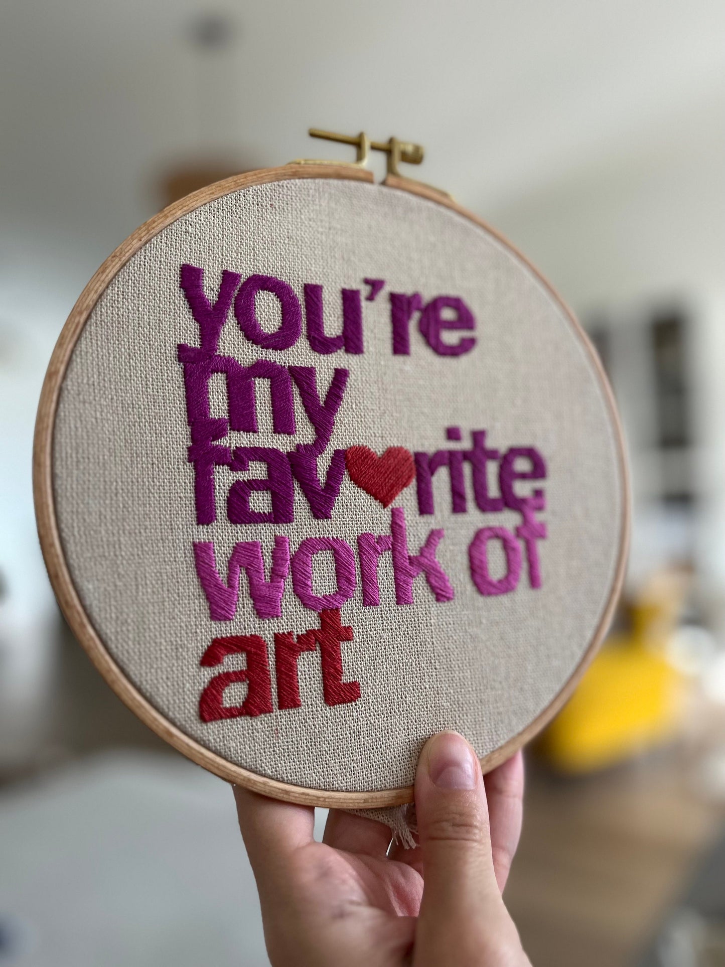 Embroidered hoop with phrase “ You are my favourite work of art”| Hand embroidery| Wall decor