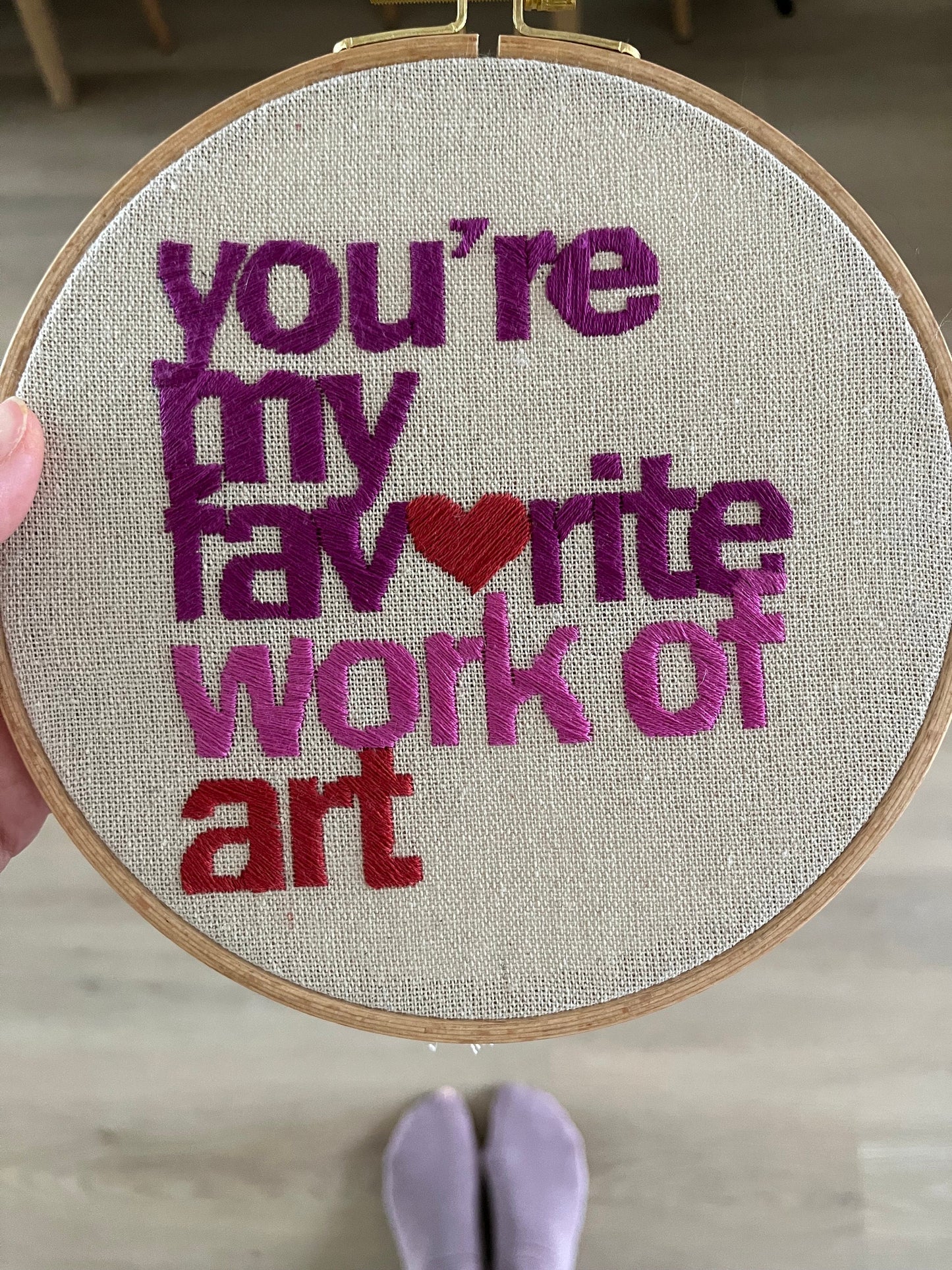 Embroidered hoop with phrase “ You are my favourite work of art”| Hand embroidery| Wall decor