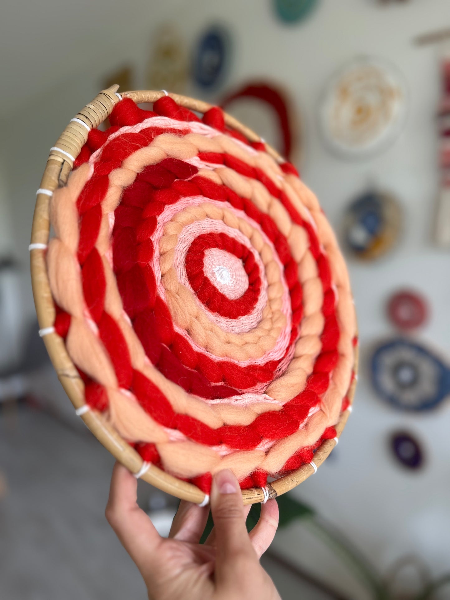 Peachy and red circular weaving