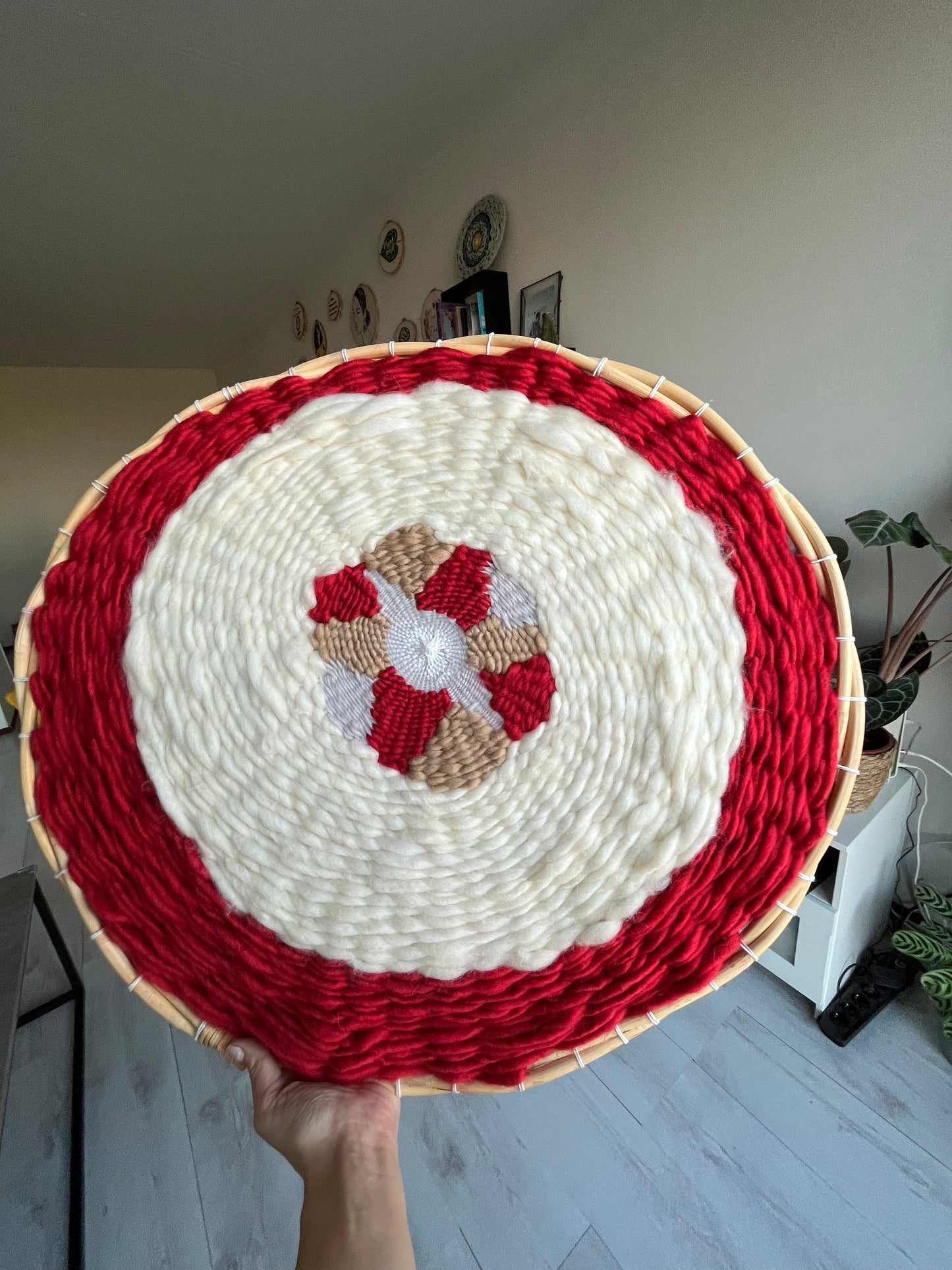 Red and white circular weaving