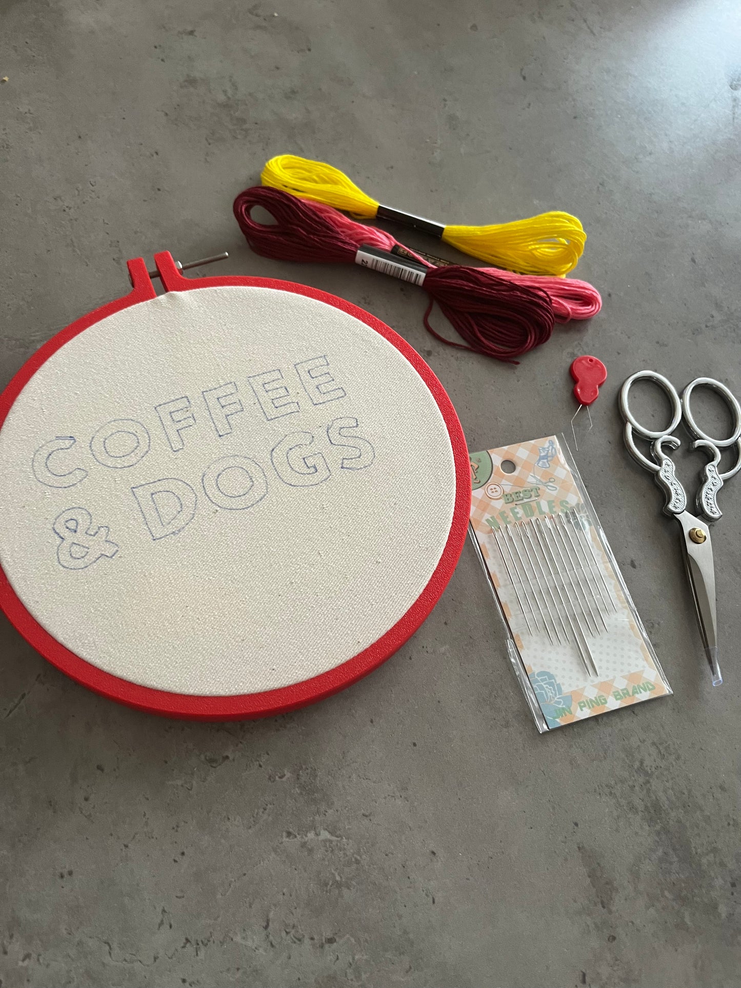 Coffee and dogs embroidery kit