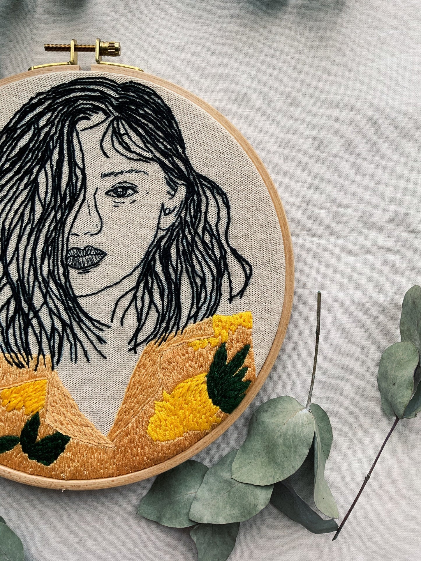 Hand-Embroidered Girl Portrait, Unique Fiber Art, One-of-a-Kind Wall Decor|Hand embroidered portrait