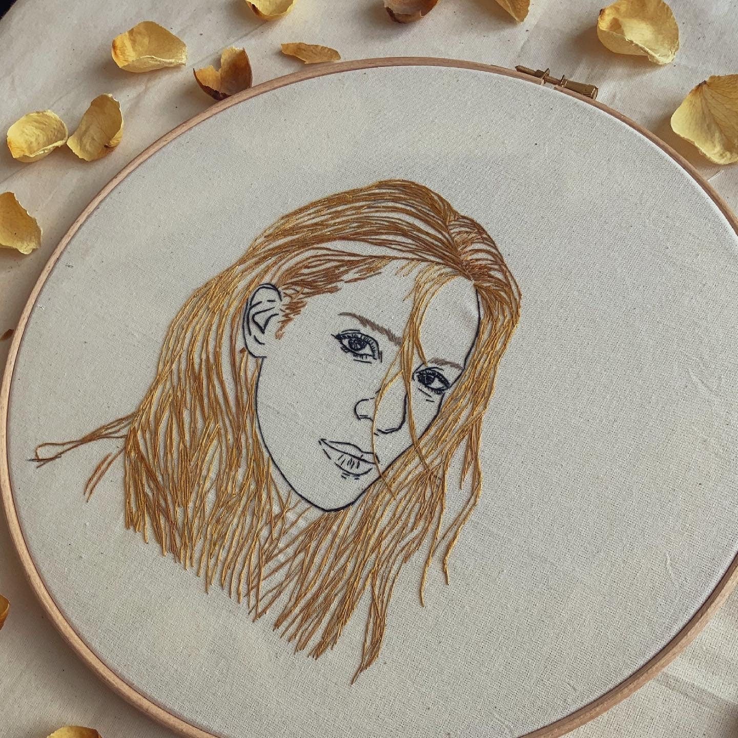 Hand-Embroidered Woman Portrait, Unique Fiber Art, One-of-a-Kind Wall Decor|Hand embroidered portrait