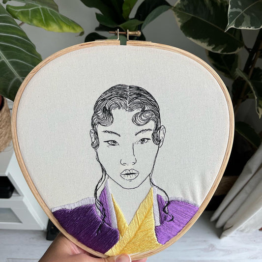 Hand-Embroidered Woman Portrait, Unique Fiber Art, One-of-a-Kind Wall Decor|Hand embroidered portrait