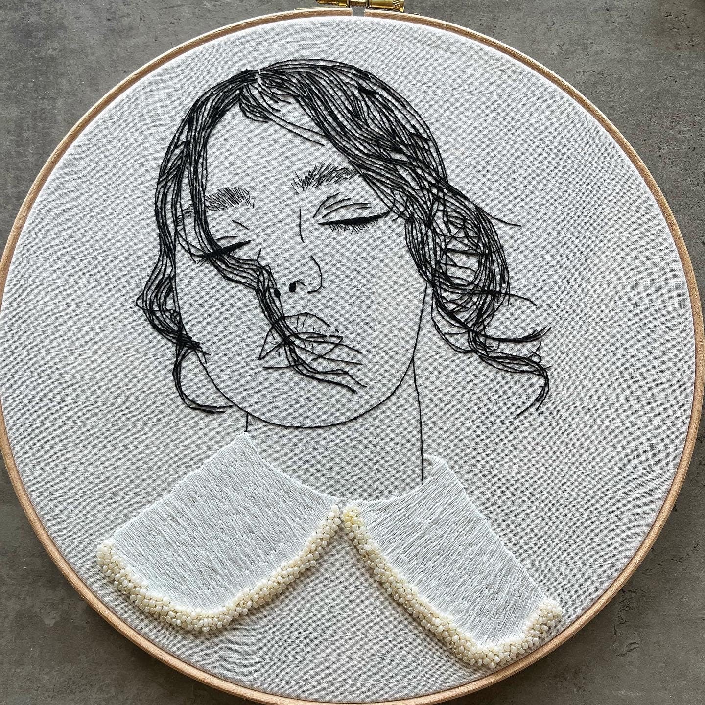 Hand-Embroidered Woman Portrait, Unique Fiber Art, One-of-a-Kind Wall Decor|Hand embroidered portrait