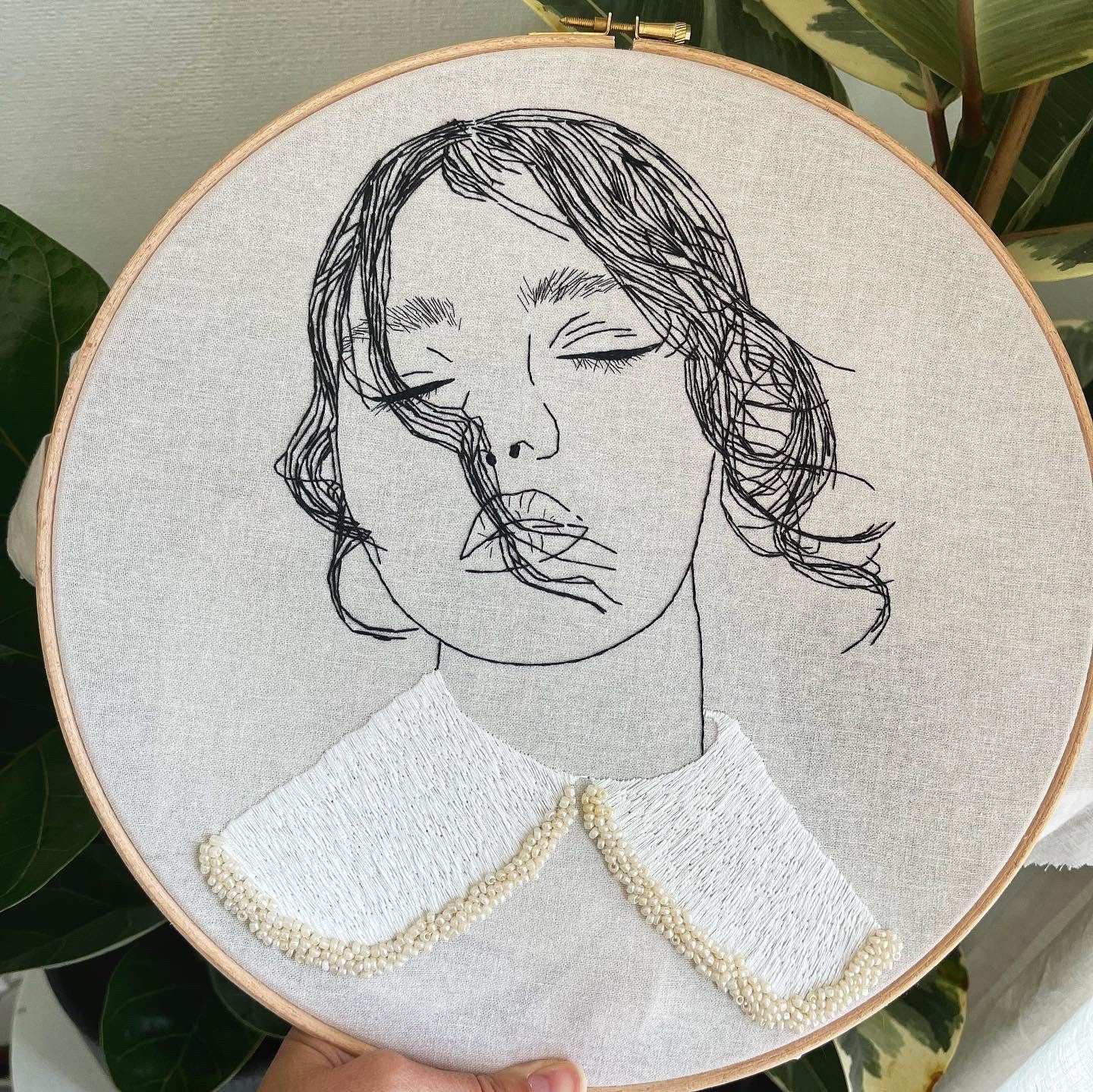 Hand-Embroidered Woman Portrait, Unique Fiber Art, One-of-a-Kind Wall Decor|Hand embroidered portrait