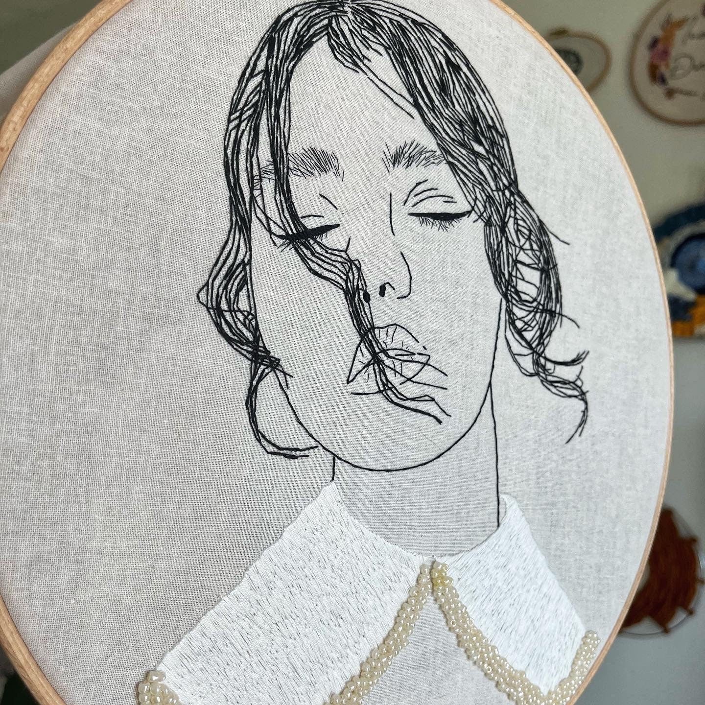Hand-Embroidered Woman Portrait, Unique Fiber Art, One-of-a-Kind Wall Decor|Hand embroidered portrait