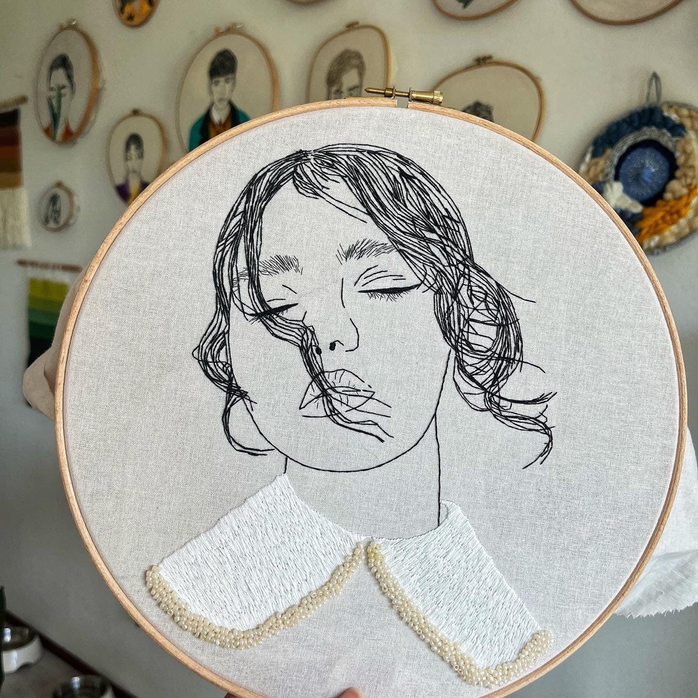 Hand-Embroidered Woman Portrait, Unique Fiber Art, One-of-a-Kind Wall Decor|Hand embroidered portrait