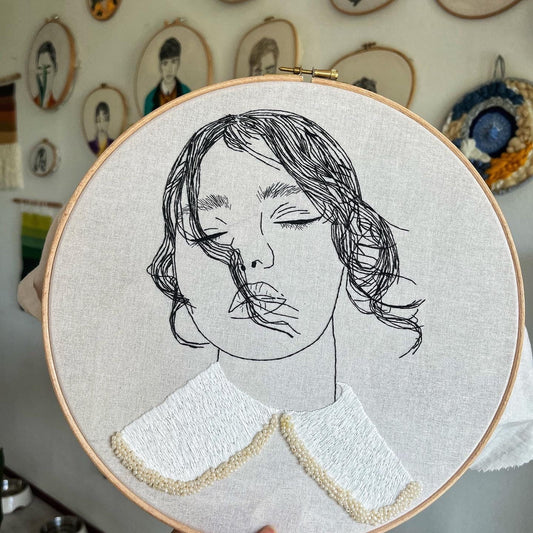 Hand-Embroidered Woman Portrait, Unique Fiber Art, One-of-a-Kind Wall Decor|Hand embroidered portrait