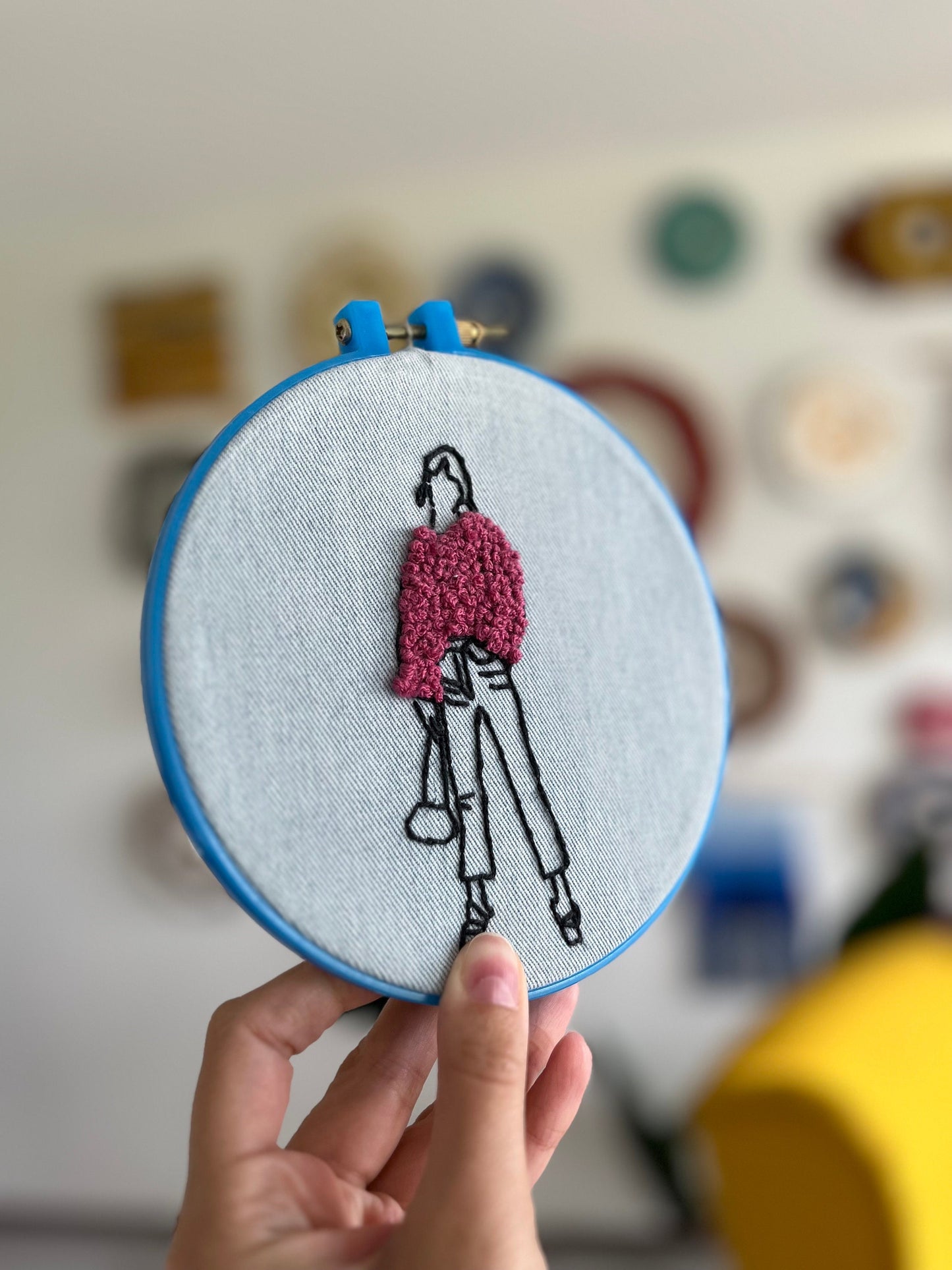 Hand Embroidered hoop with an abstract design a girl in pink sweater|Handmade|Girl|Hand embroidery| Fiber art