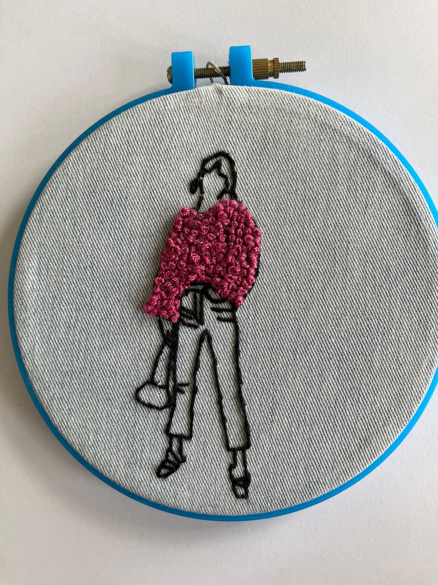 Hand Embroidered hoop with an abstract design a girl in pink sweater|Handmade|Girl|Hand embroidery| Fiber art