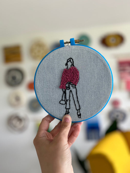 Hand Embroidered hoop with an abstract design a girl in pink sweater|Handmade|Girl|Hand embroidery| Fiber art