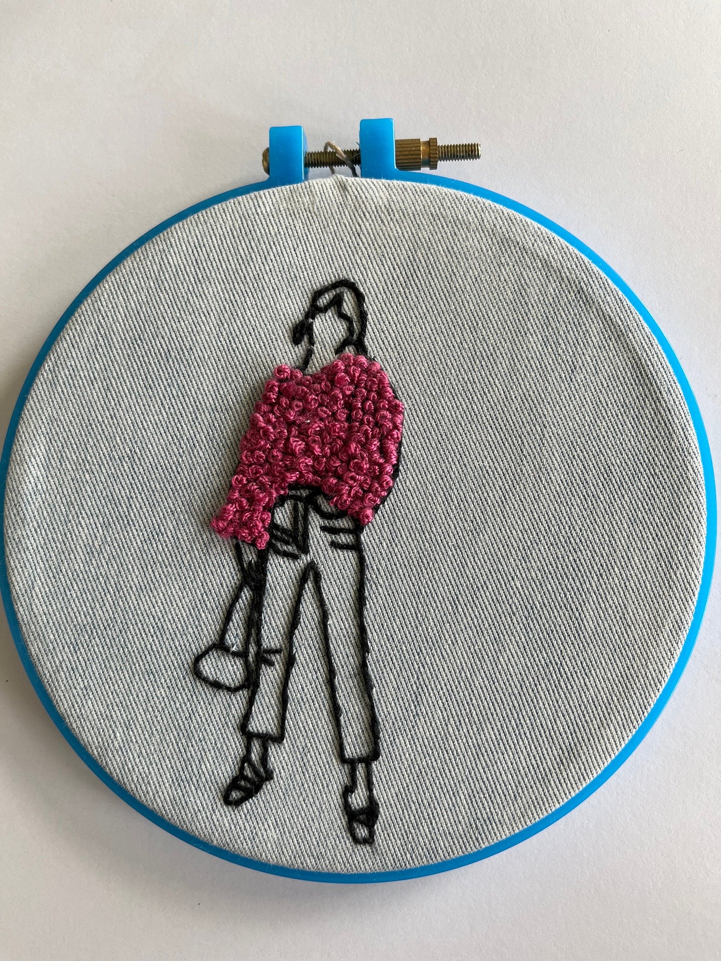 Hand Embroidered hoop with an abstract design a girl in pink sweater|Handmade|Girl|Hand embroidery| Fiber art