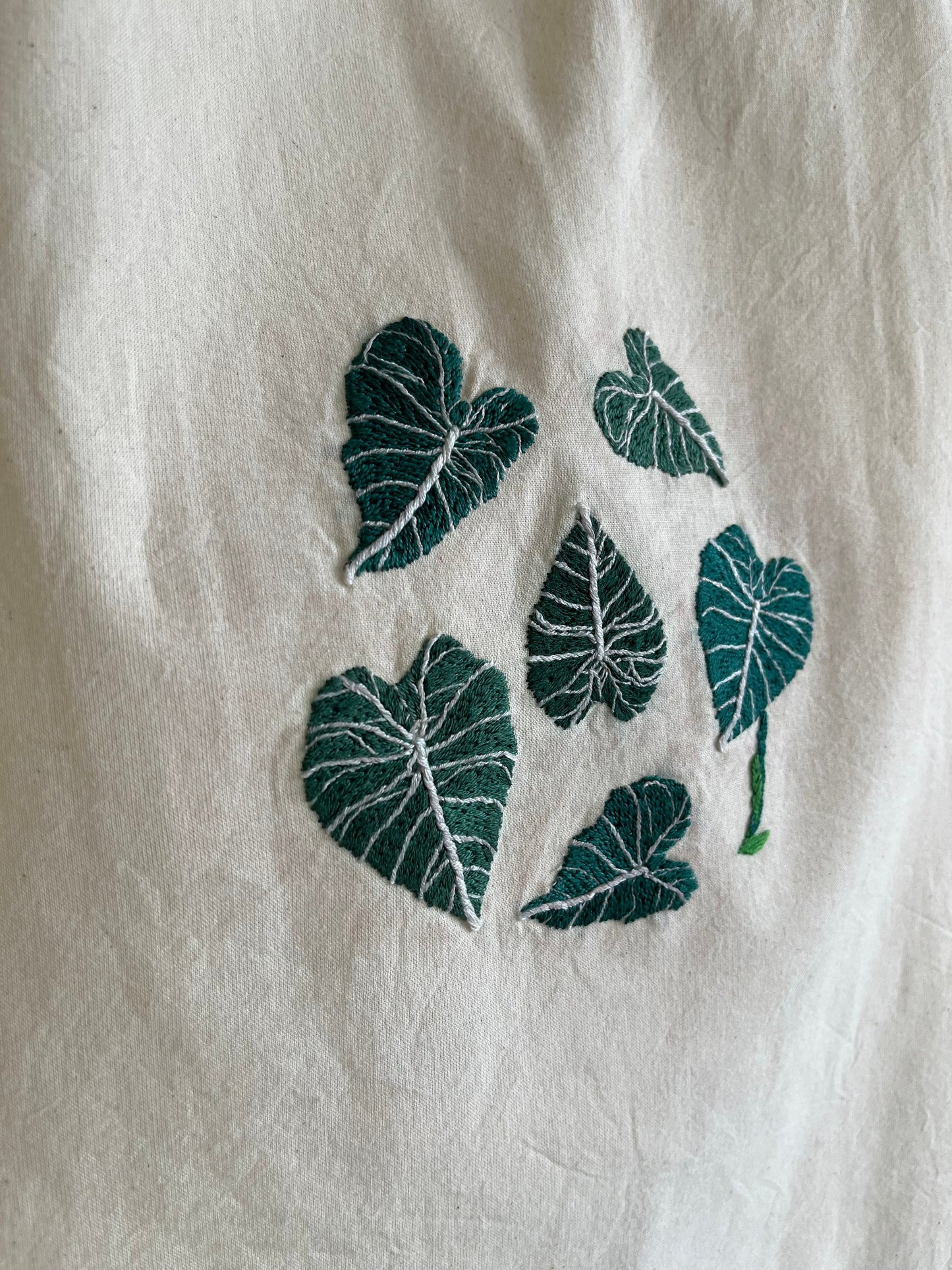 Embroidered tote bag| Tote bag with leaves| Hand Embroidered Tote Bag with Leaves| Reusable Shopping Bag|Eco-Friendly Canvas Tote