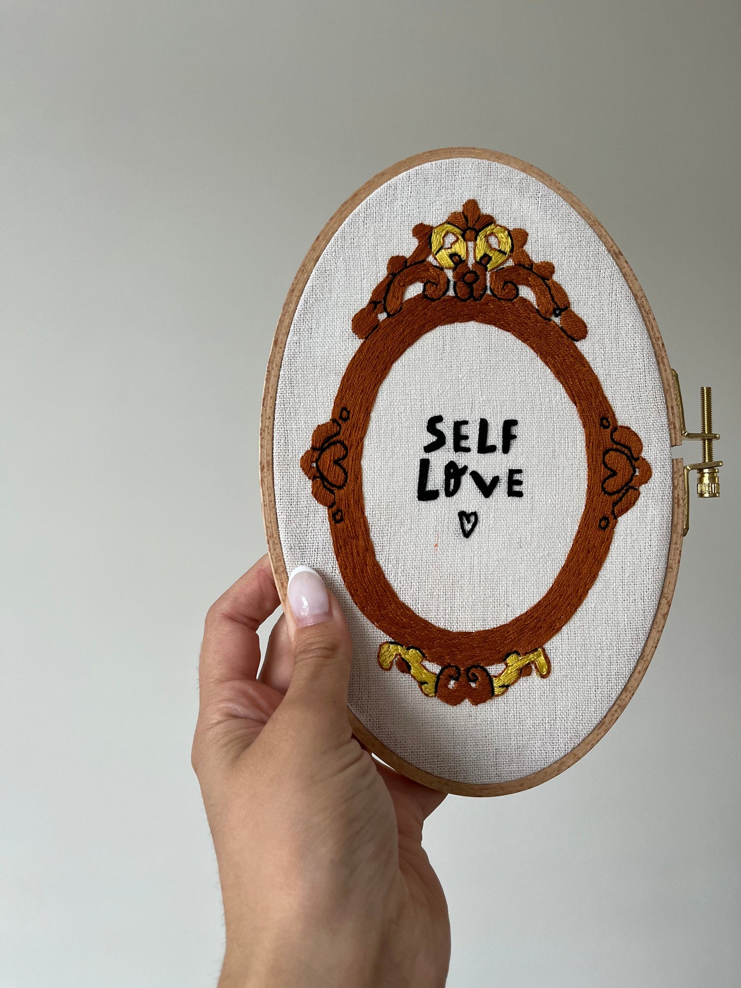 Embroidery Design| Hand embroidered design with phrase "Self love mirror hand embroidered" | Embroidery Art decor