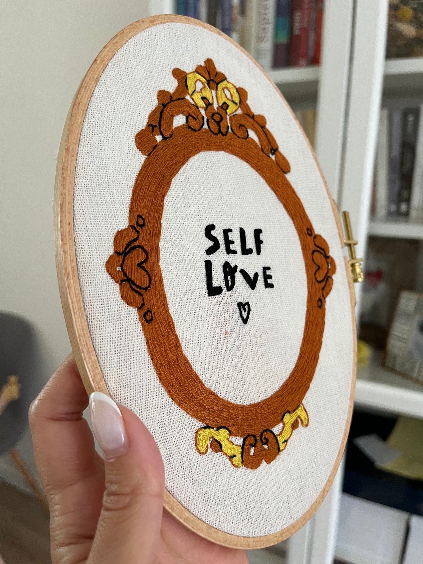 hand embroidered hoop showing a mirror with the quote&quot; self love&quot;