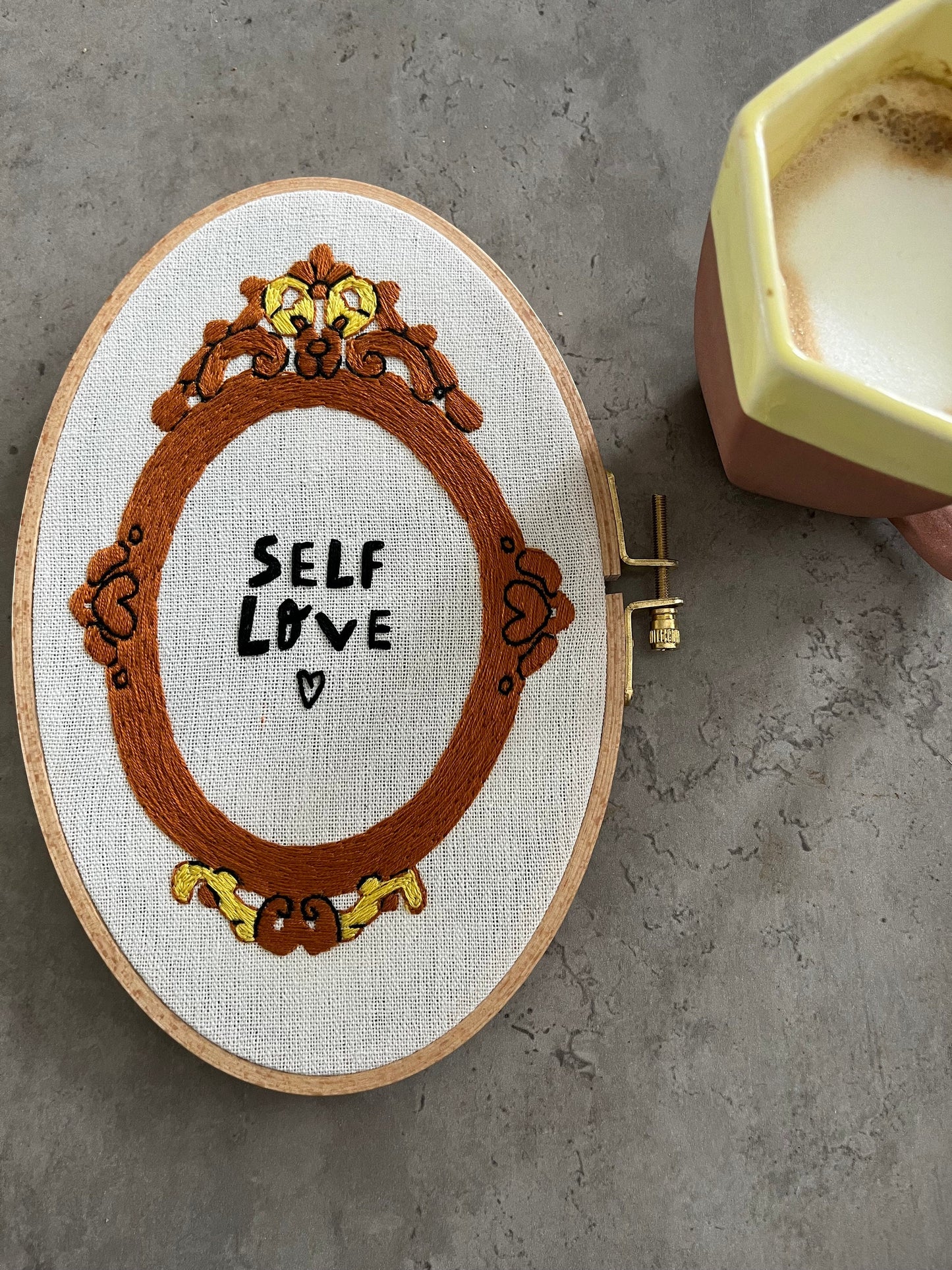 Embroidery Design| Hand embroidered design with phrase "Self love mirror hand embroidered" | Embroidery Art decor