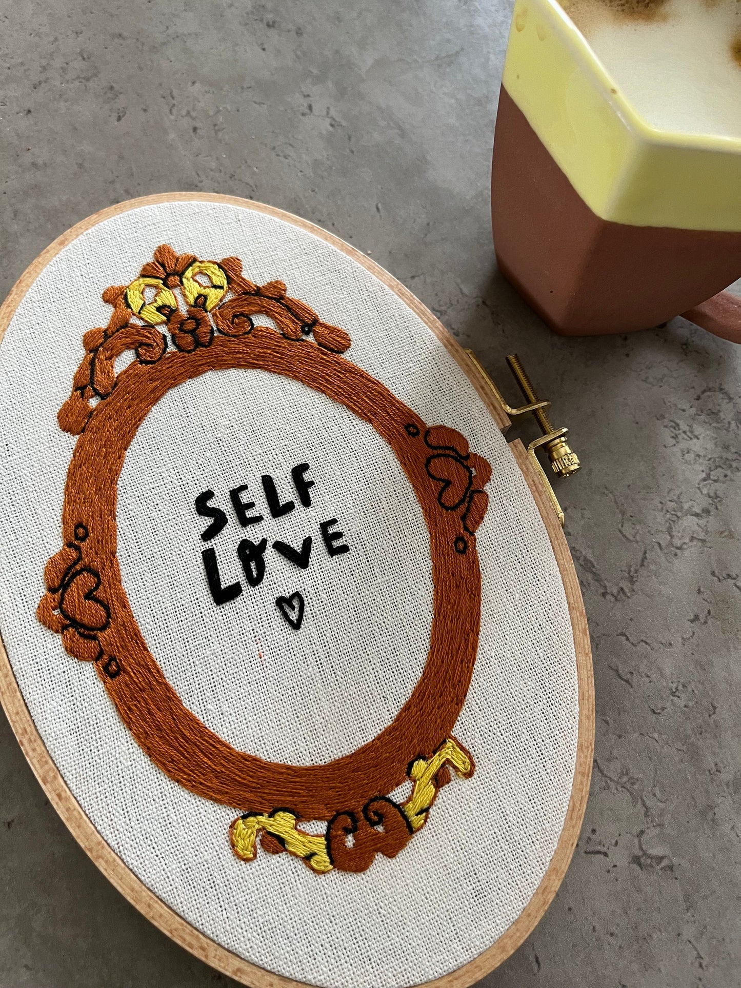 Embroidery Design| Hand embroidered design with phrase "Self love mirror hand embroidered" | Embroidery Art decor