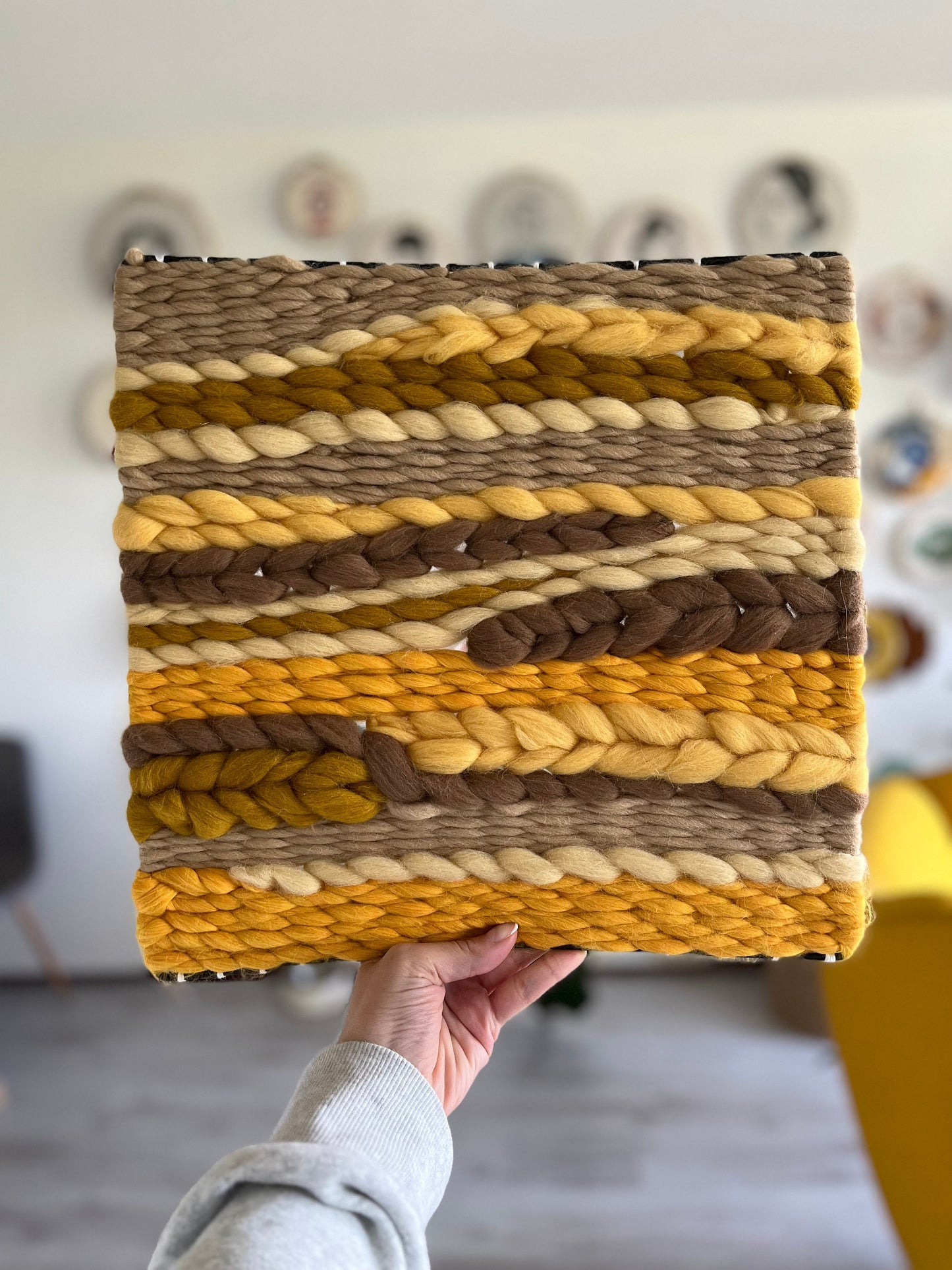 Yellow hand made weaving | Square weaving | Fiber art | Wall decor |