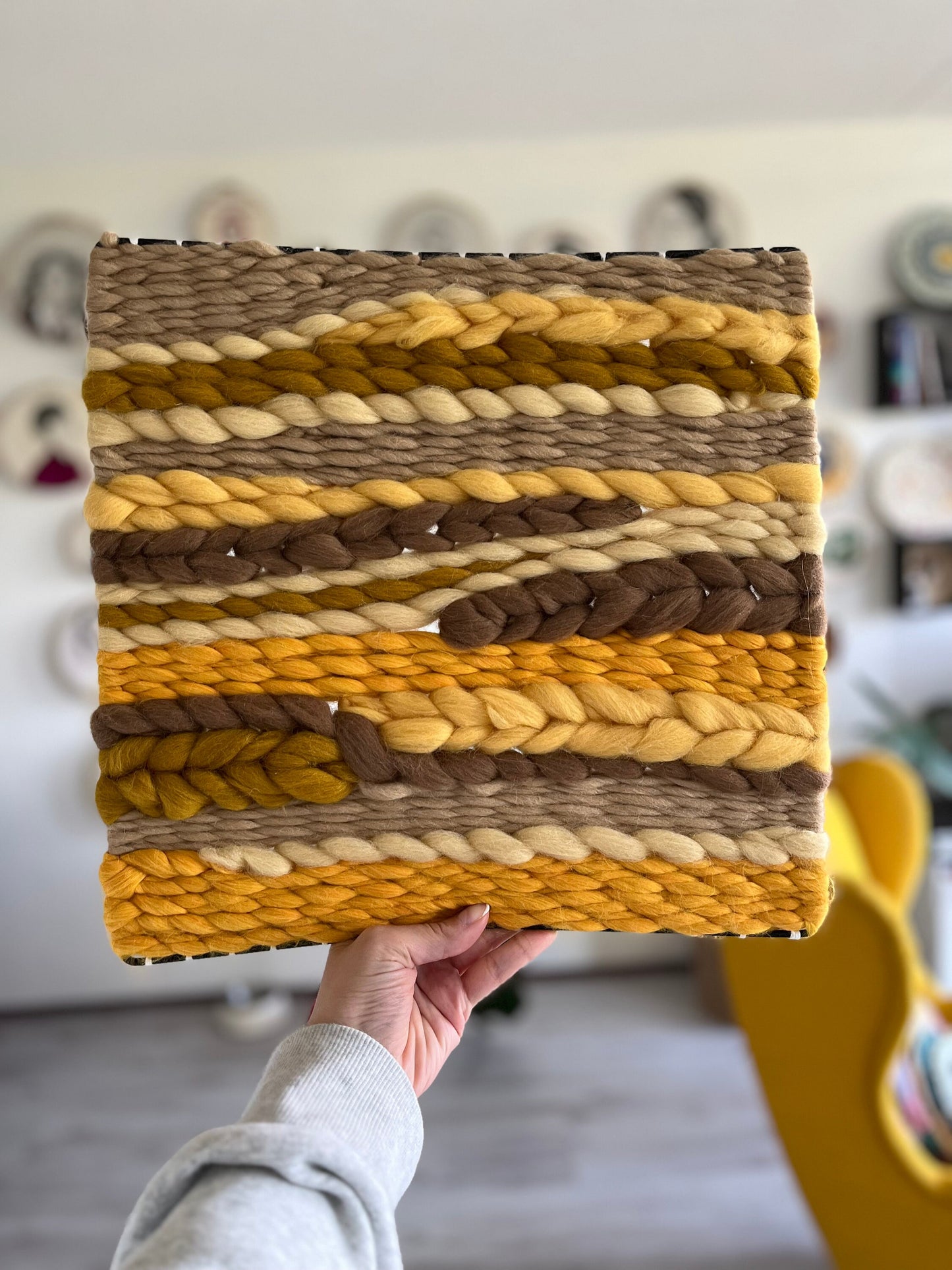 Yellow hand made weaving | Square weaving | Fiber art | Wall decor |