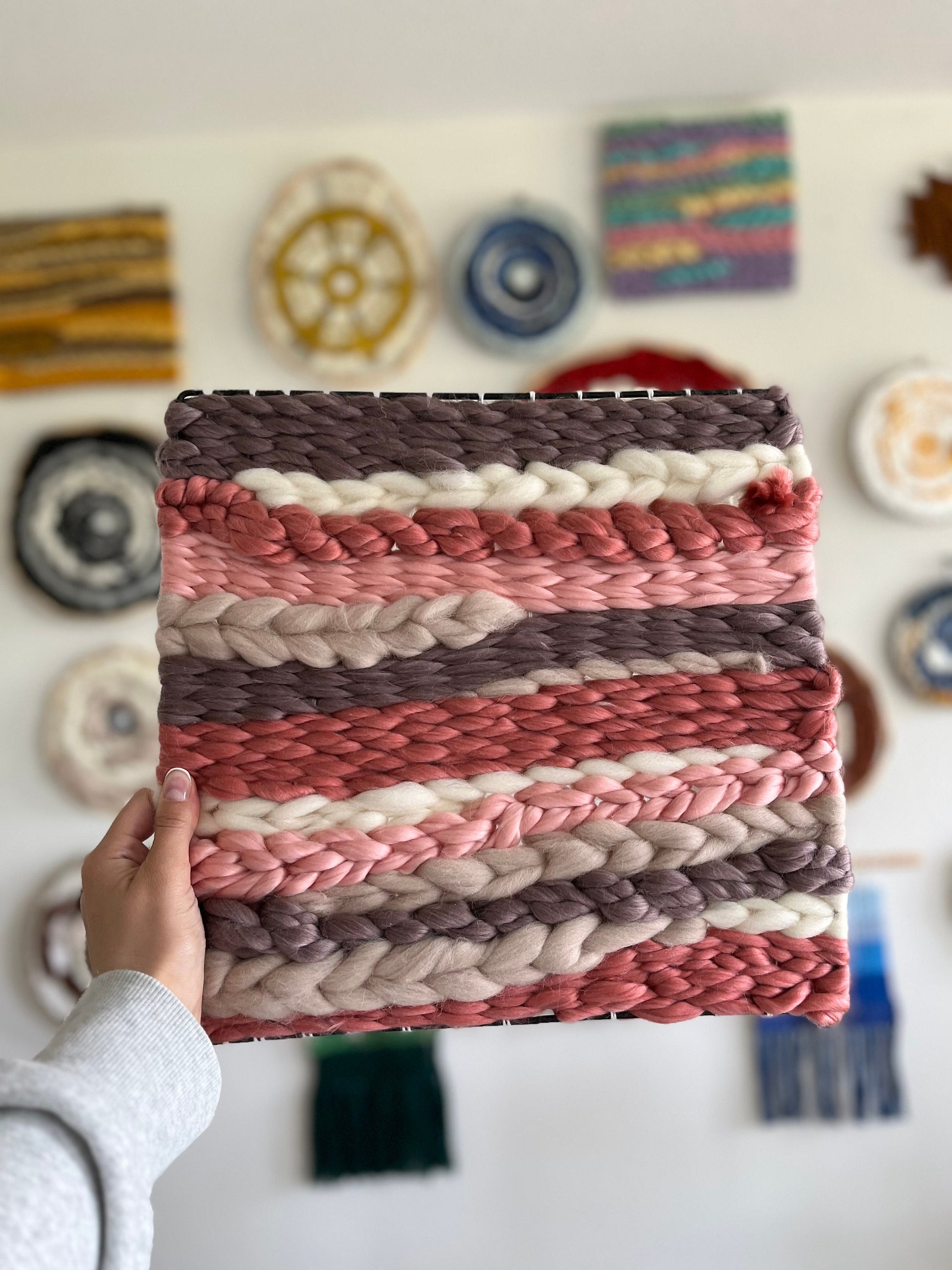 hand made square weaving with pink colours, wall decor, wall hanging