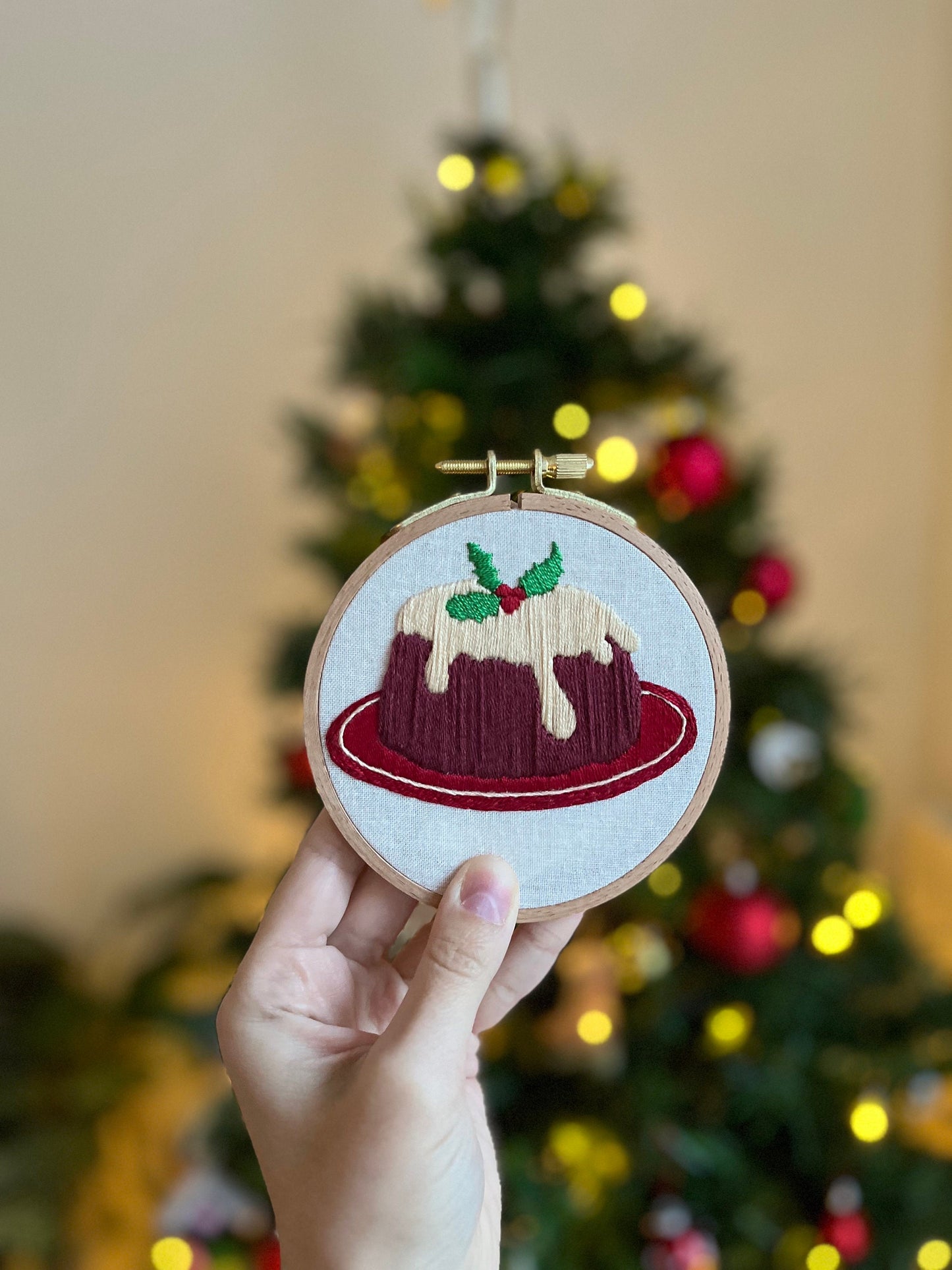 Christmas Pudding Embroidered Hoop |Christmas Hoop Holiday Wall Decor| Hand embroidered Christmas Gift | Hand-Embroidered