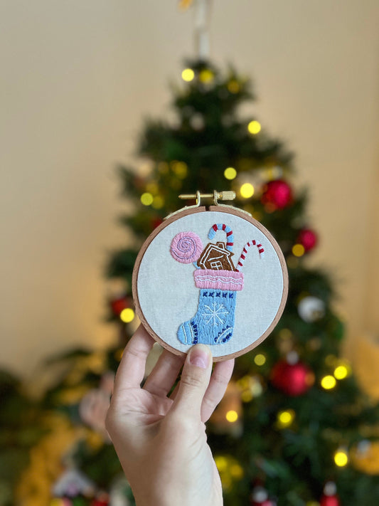 Christmas Sock Embroidered |Christmas Hoop Holiday Wall Decor| Hand embroidered Christmas Gift | Hand-Embroidered