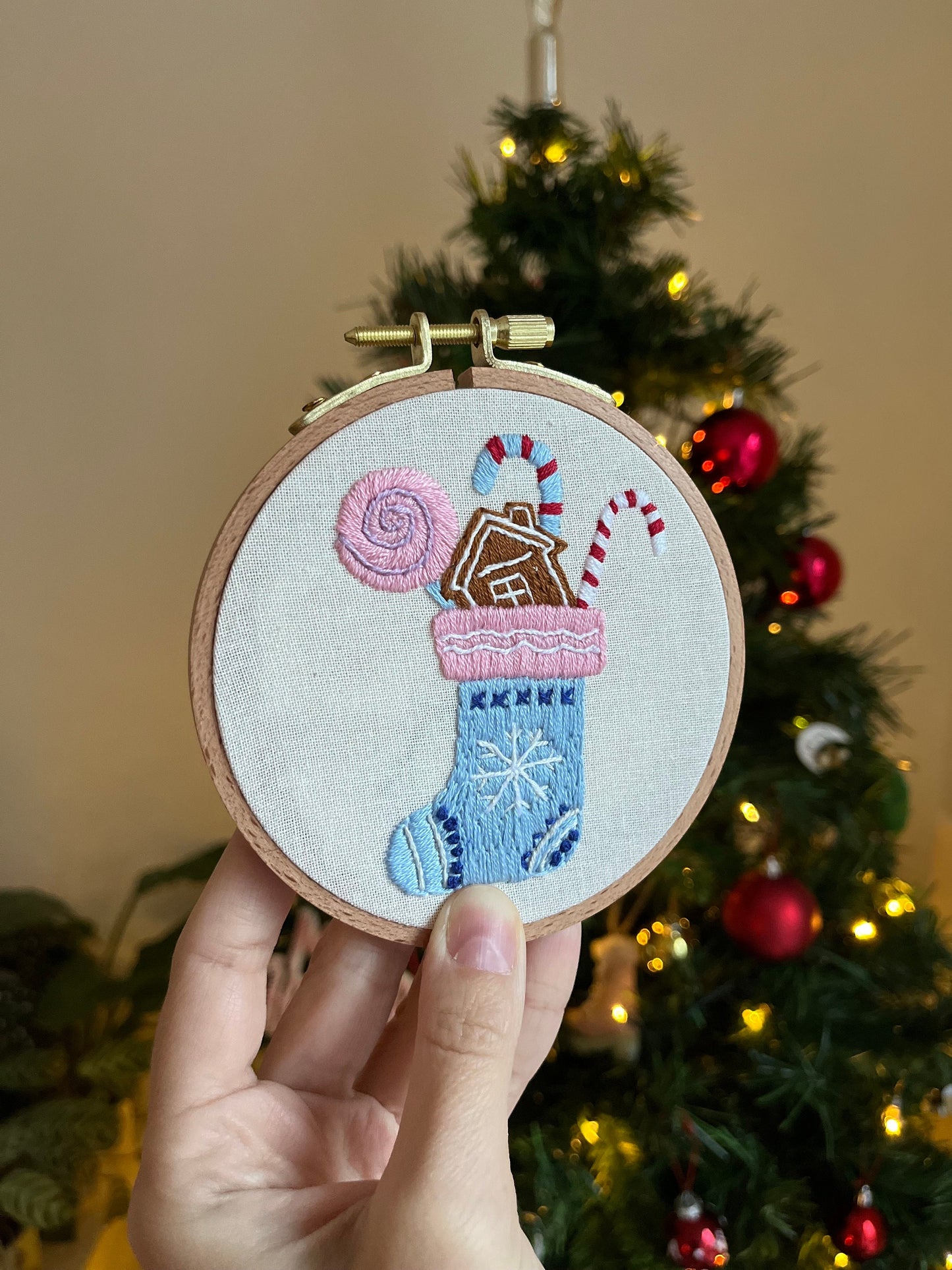 Christmas Sock Embroidered |Christmas Hoop Holiday Wall Decor| Hand embroidered Christmas Gift | Hand-Embroidered