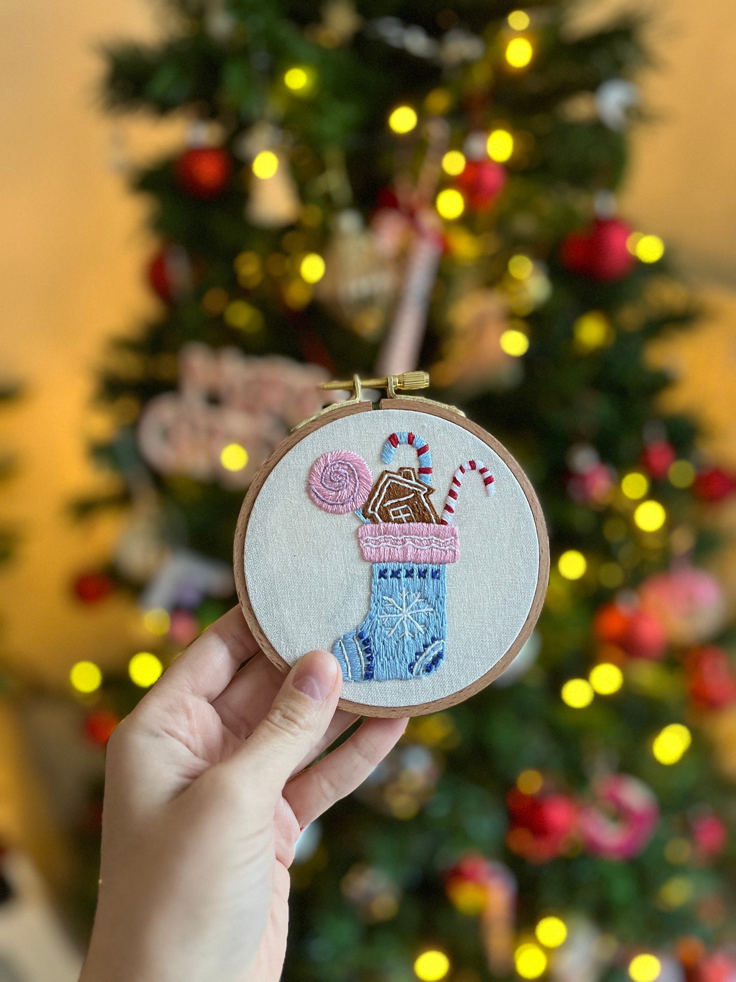 Christmas Sock Embroidered |Christmas Hoop Holiday Wall Decor| Hand embroidered Christmas Gift | Hand-Embroidered