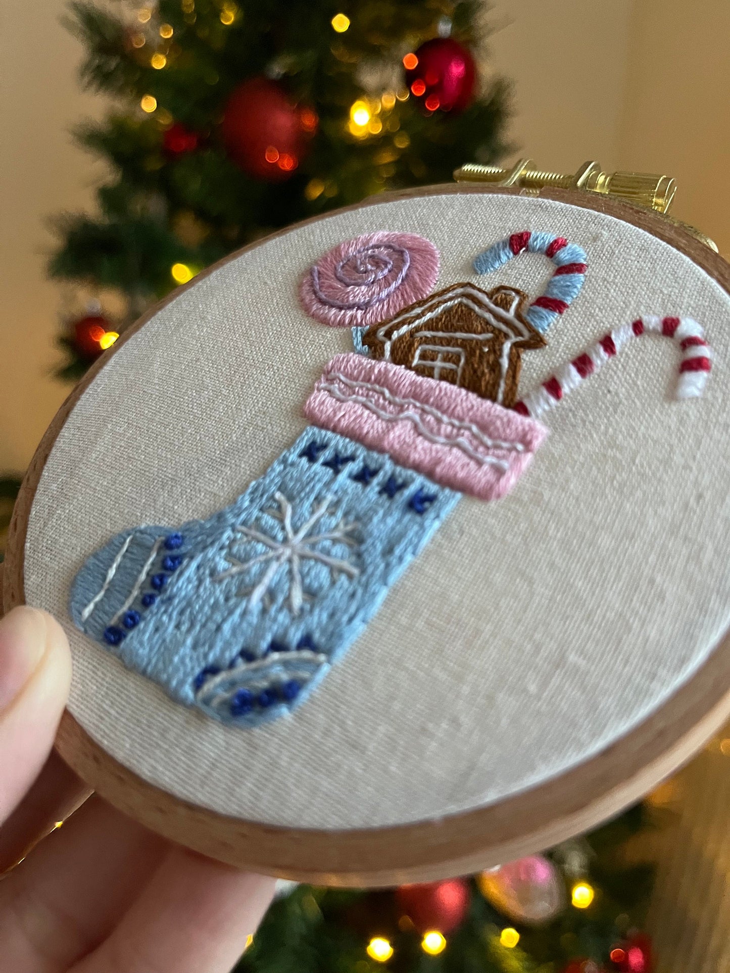 Christmas Sock Embroidered |Christmas Hoop Holiday Wall Decor| Hand embroidered Christmas Gift | Hand-Embroidered