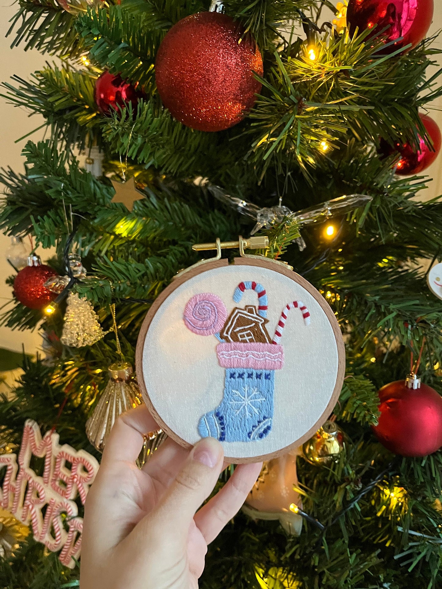 Christmas Sock Embroidered |Christmas Hoop Holiday Wall Decor| Hand embroidered Christmas Gift | Hand-Embroidered