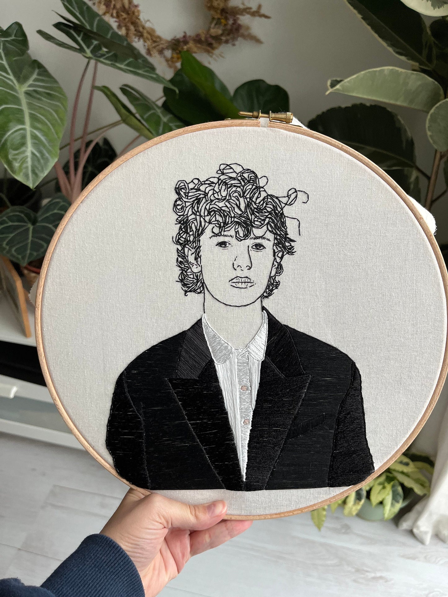 Hand-Embroidered Male Portrait, Unique Fiber Art, One-of-a-Kind Wall Decor|Hand embroidered portrait
