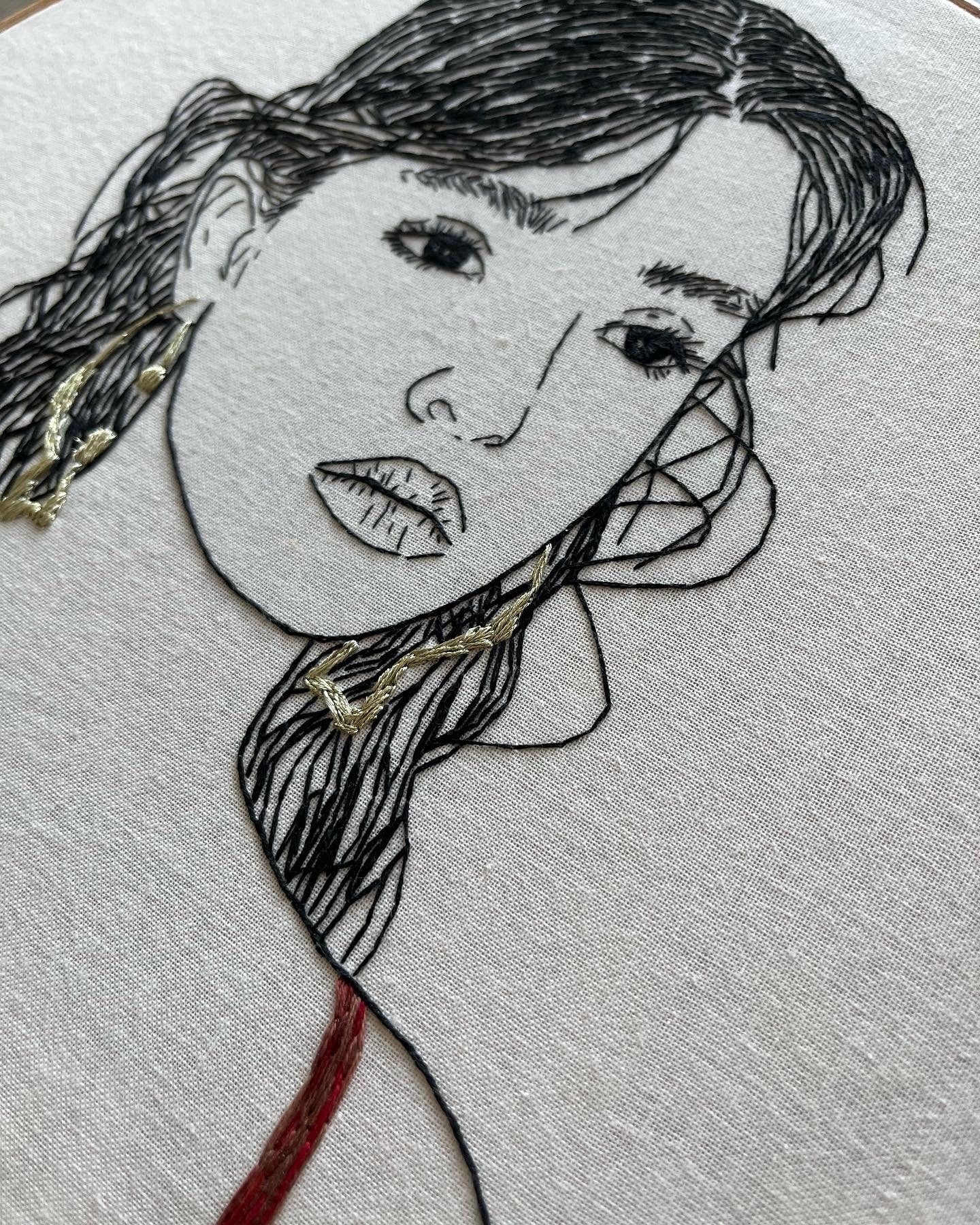 Hand-Embroidered  Woman Portrait, Unique Fiber Art, One-of-a-Kind Wall Decor|Hand embroidered portrait