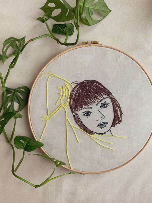 Hand-Embroidered Woman Portrait, Unique Fiber Art, One-of-a-Kind Wall Decor|Hand embroidered portrait
