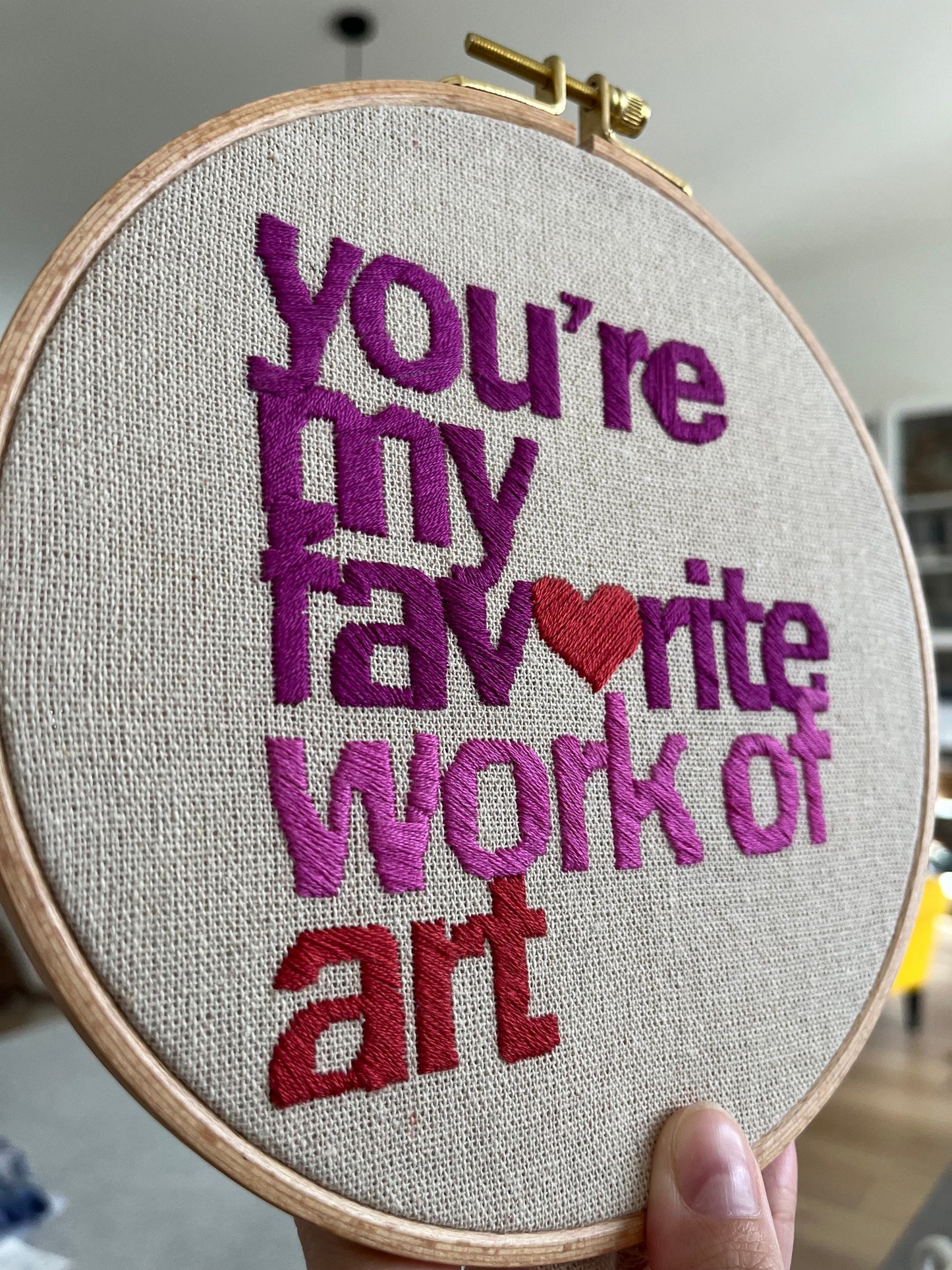 Embroidered hoop with phrase “ You are my favourite work of art”| Hand embroidery| Wall decor
