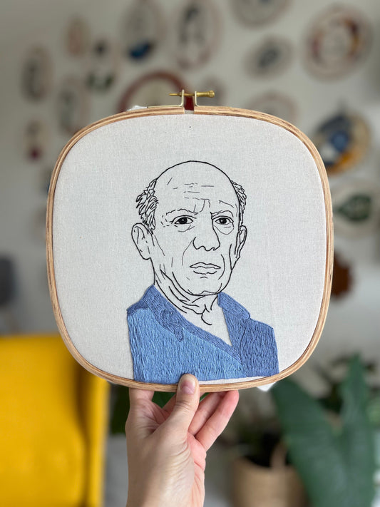 Hand embroidered portrait of Pablo Picasso | Embroidery portrait | Male portrait embroidery