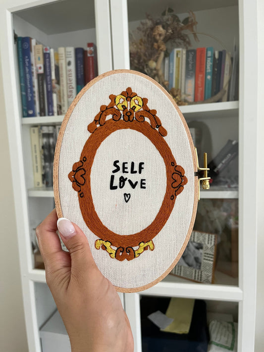 Embroidery Design| Hand embroidered design with phrase "Self love mirror hand embroidered" | Embroidery Art decor