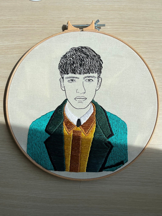 embroidery hoop, embroidered portrait, wall hanging